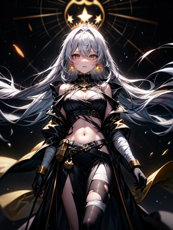 {white hair}, {very long hair}, gloves, black yellow coat, bandaged wrist, torn clothes, {{black}} eyeshadow, black and white eyes, earrings, {{floating crown}}, {star halo}, detached wings, {{masterpiece}}, {1girl}, black smear on right side of face, space background, {goddess}, {standing on a white platform}, {star symbol on clothes}, star earrings, {{medium}} breasts, bandaged torso, patterns on eye pupils, long majestic black yellow coat, chain earrings, makeup, large black and yellow coat, inside a cathedral at night, {detailed large crown}, character focus, floating stars, presenting a menger cube, magic cubes on background, dark magic, serious, {divine}, {{teenage}}, mini universe above hand, black cubes on the background, supernova on the background, decorated hair, covered body, {{{black background}}}, light above head, spirals on background, fractal patterns, {{dirty face}}, bandaged arms, fractal background