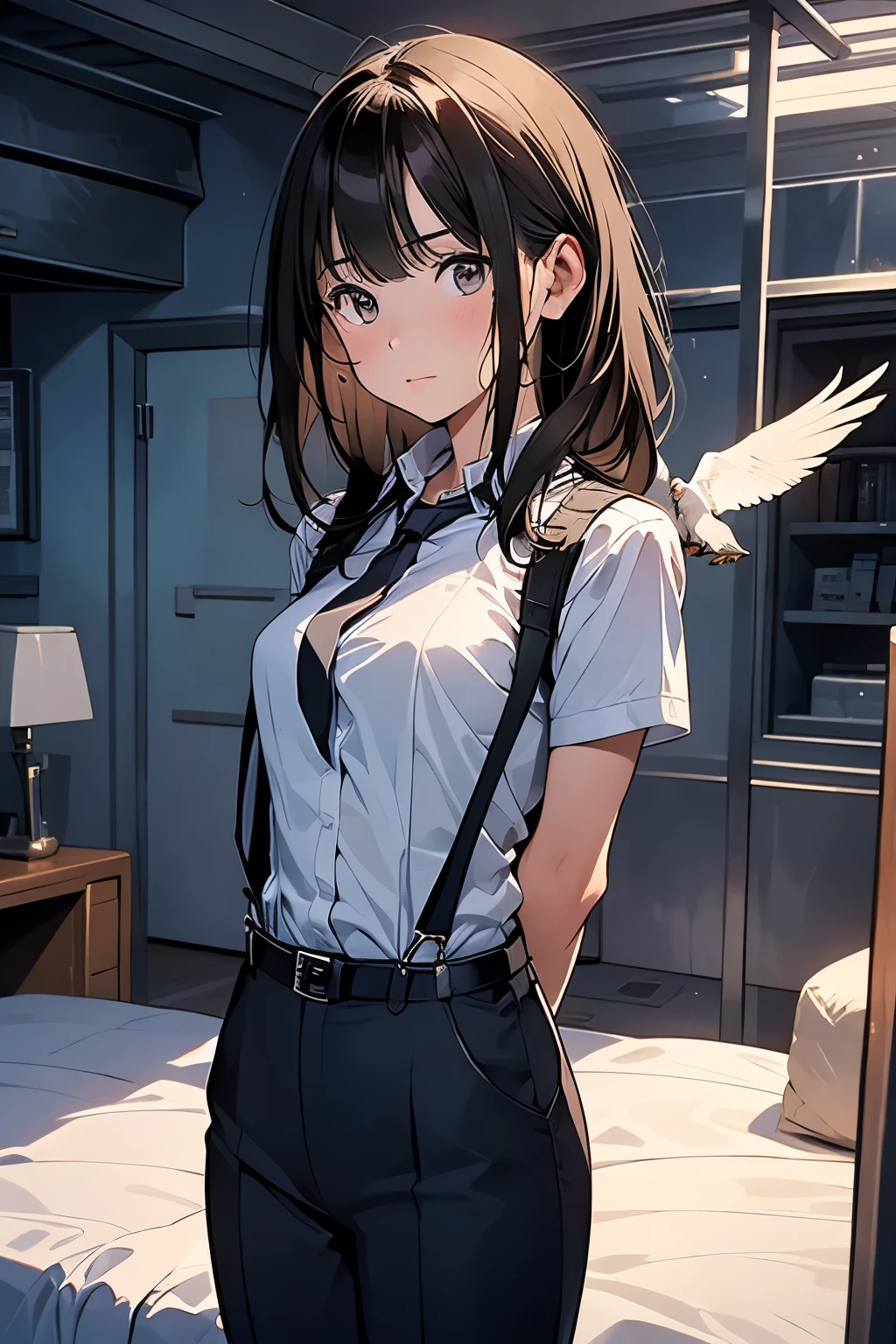 1 female, , high quality, masterpiece, Ultra-high resolution, , Cinema Lighting, , , And the suspenders with the cranes flying Moderate breasts Small face holster Lying in bed Looking up Sweat belt summer 脇Sweat Black Hole Gloves suit shirt Black jacket Black trousers Leg Links ズボンにbelt holster Hands behind your back Anxious expression Looking up Anxious face