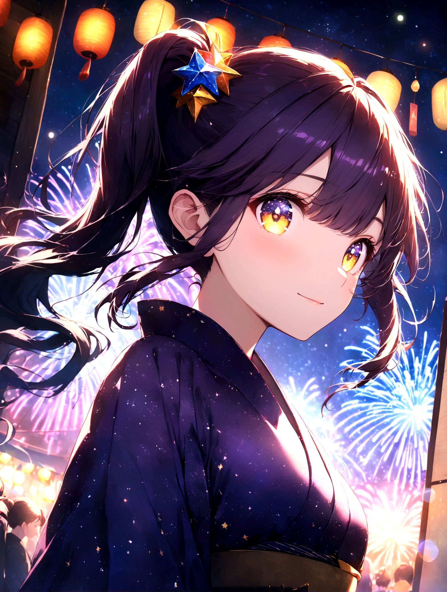 anime gile portrait,kawaii,fantastic style,one beautiful girl with starry eyes, upper body , 16-year-old girl, with deep purple hair, hair in a side ponytail decorated with star-shaped pins, golden amber eyes, wearing a traditional yukata in deep navy blue with gold star patterns, adjusting the obi belt, background of fireworks in the night sky, festival stalls adorned with lanterns, bustling star festival night, vibrant atmosphere with stall lights and starry fireworks , surrounded by stars,eyes sparkling like stars,best quality,ultra detailed,ultra high definition,high resolution,16k,ultra vibrant,natural light,starlight,soft light,Glowing Aura,the surroundings are shining,Mysterious, fantastic, super-detailed universe, stars twinkling and twinkling. Star Effects.light gradation watercolor , lens flare , glitter , glow , 