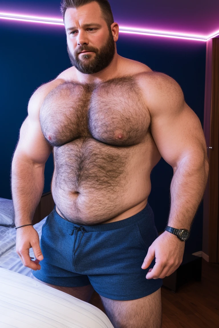 8KUHD Very Extremely Realistic Very Detailed High Quality Create a professional studio-style photograph featuring two middle-aged daddy muscle bears , burly, very hairy, very beared big daddy bear, and very realistic detailed rugged burly man and his husband in shorts. beards, very realistic hair, very realistic beards, very realistic thick chubby neck, very realistic neck lines, very realistic detailed neck, very realistic belly, very realistic burly chest, very realistic burly strong chest and arms, very realistic detailed hairy burly chest and arms, very realistic pecs, very realistic burly body, very realistic nipples, very realistic burly body, very realistic face, very realistic detailed face, very realistic eyes, very realistic detailed eyes, very realistic pupils, very realistic detailed pupils, very realistic nose, very realistic ears, very realistic facial features, very realistic burly arms, very realistic elbows, very realistic hands, very realistic wrists, very realistic fingers, very realistic fingernails, very realistic shoulders, very realistic mouth, very realistic lips, very realistic detailed skin, very realistic skin, very realistic mens clothing, very realistic detailed mens clothing. A very realistic man and his husband are kissing and loving each other in the bedroom, very realistically detailed kissing and loving each other in the bedroom, in a very realistic romantic and virile bedroom scene. Very Realistic Intricately Detailed, Utilize all appropriate realistic lighting techniques for studio photography" very realistic detailed bedroom surroundings, very realistic surroundings lighting, No Deformities, Very Ultra Realistic and Very Realistic Photograph, Clear HDR Quality