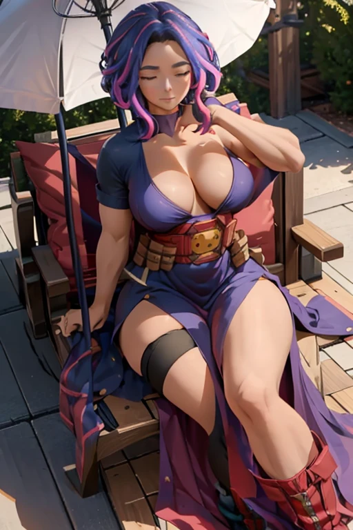 boku no hero academia, lady nagant,1girl short hair purple hair multicolored hair purple eyes purple belt,Lady Nagant, a powerful villain from the League of Villains in My Hero Academia, decides to take a break from her nefarious activities and enjoy some sunbathing time on the beach. She wears an Imagine a stunning, erotic twist on the traditional Mrs. Claus costume for a provocative Christmas cosplay. Start with a long velvet dress in a rich crimson red hue, reminiscent of Santa's iconic suit. The fitted bodice should feature Intricate golds embroidery reminiscent of festive holly leaves, with a plunging neckline that showcases ample cleavage. A wide satin sash cinches the waist, accentuating your curves before flowing into a dramatic pleated skirt. Add some tantalizing touches, like sheer stockings up to the waist. thigh highs in a deep berry shade, supported by garter belts adorned with tiny bells. A pair of patent leather knee-high boots completes the look, their sleek black surface contrasting beautifully with the vibrant red dress. Incorporate some fun and mischievous elements – perhaps a little Santa hat dangling from the top of your head or a sprig of mistletoe cleverly hidden inside your cleavage. The overall effect should be a sultry, flirty take on classic holiday attire, perfect for offering sensual surprises under the mistletoe this Christmas season. which perfectly accentuates her curvy figure and long legs. As she lay down on her lounge chair under a large umbrella, her eyes closed peacefully as they enjoyed the sun's rays. Her blonde hair cascades over one side of her face, adding to her allure. Despite being surrounded by innocent civilians enjoying the day at the coast, no one seems to notice or recognize this dangerous woman due to the clever disguises and concealment techniques mastered by the League members.