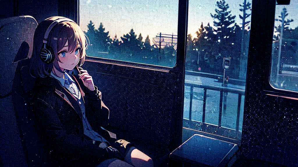 The train is moving,A girl sitting quietly,Wearing headphones,The face is illuminated by the soft light of the phone,Total immersion in the music