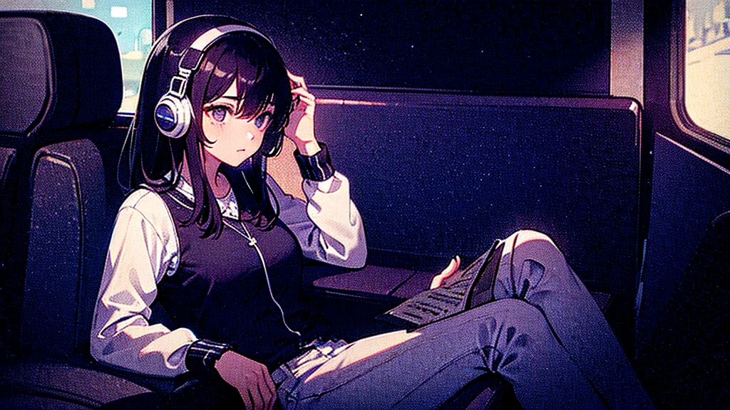 The train is moving，A girl sitting quietly，Wearing headphones，The face is illuminated by the soft light of the phone，Total immersion in the music