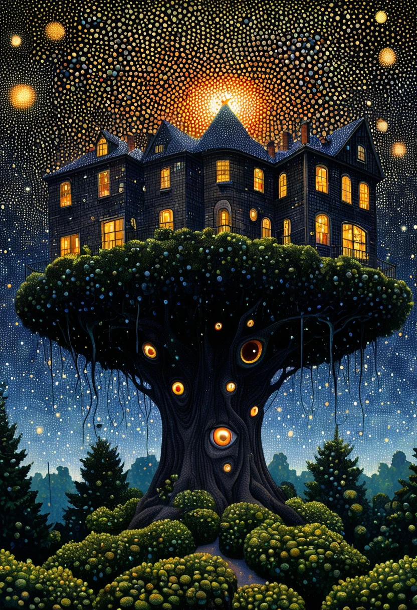 Georges Seurat:Strange illustration,Pointillism method,Trypophobia,Building on tree tops,Eye,unrealistic,Strong visual impact,black background,Star