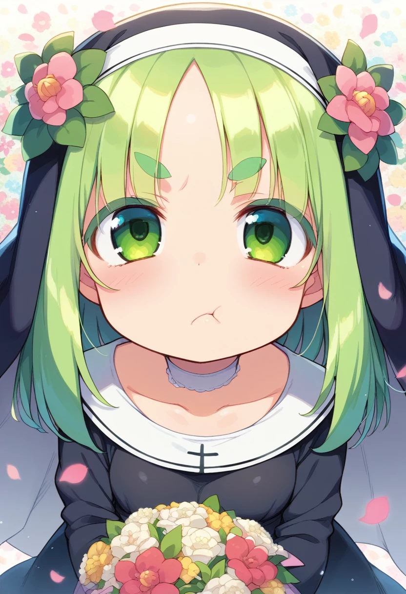 score_9, ,score_7_up, score_6_up, 1girl, source_cartoon, source_anime,breathtalking Scenery,watercolor,smooth soft skin, natural skin,mjm
BREAK
(loli:1.4),(little female child:1.4), small breast,cute face, (loli toddler:1.1), 6 yo,kawaii, (highlight on eyes), (jiggly:0.8), shiny skin,beautiful eyes, detailed eyes, puffy eyes,
BREAK
(medium green hair:1.3),(green maro eyebrows:1.6),pouty and slightly grumpy,(pout:1.2), ::(, (jitome),(frown:0.6),white streaked hair, green eyes,
BREAK
(zigzag pattern nun dress), (pastel veil:1.2),choker,nun,excessive detailed collarbone,dynamicangle,
BREAK
pov,looking up,upturned eyes,flowerbackground,flowergarden,flower bouquet, (digits behind bouquet:1.3), (hands behind bouquet:1.3),falling petals,
(holding bouquet:1.1), celebration, Congratulations,confetti, bloom effect,dynamicangle,pastelcolor,