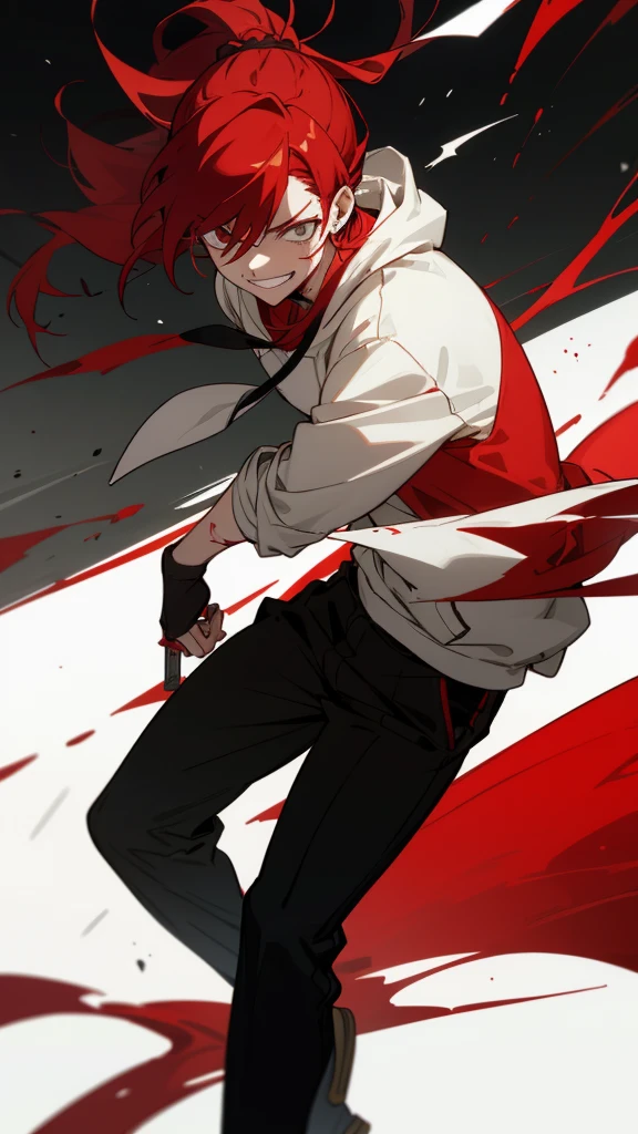 boy, red hair tied in a ponytail, reflective white eyes, holding a dagger, q shaped dagger, bloodied clothes, battle grin, modern clothing, hoodie, wounded.