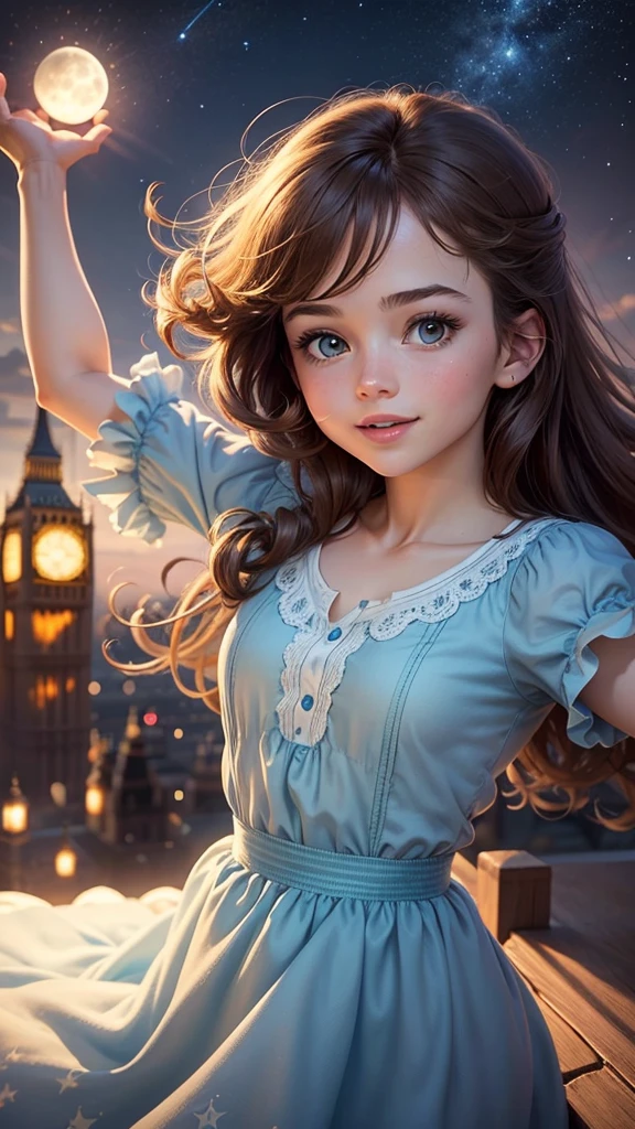 Generate an image of Wendy Darling from the Disney movie ‘Peter Pan’. Wendy is a young girl with brown hair tied back with a blue ribbon, wearing a light blue nightgown. The setting is the nighttime sky over London, with Big Ben and the city lights visible in the background. Wendy is flying gracefully, her arms outstretched and a look of wonder and excitement on her face as she sprinkles pixie dust. The stars and the moon illuminate the scene, adding a magical atmosphere.”