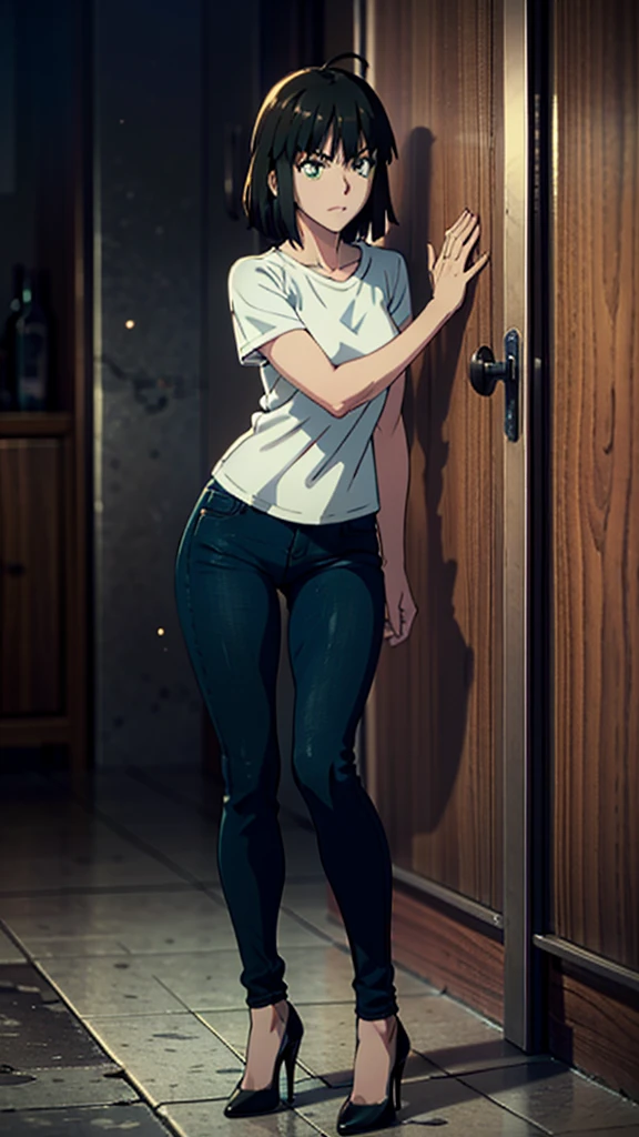 Fubuki from One Punch Man, masterpiece, best quality, 8K, UHD, ultra detailed, ,sexy pose, full body ,beatiful green eyes, beatiful hair, wearing black thight jeans , wearing a tight white box t-shirt, wearing high heels, sexy leg, sexy