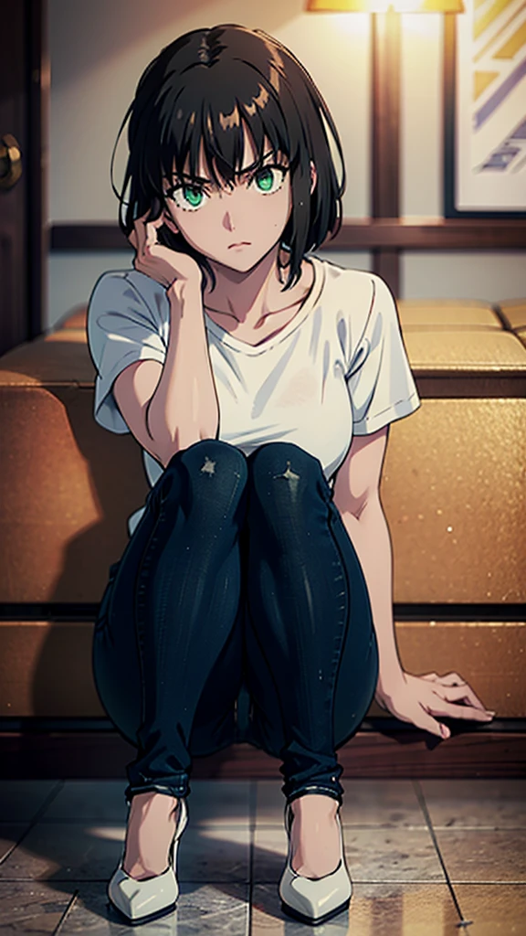 Fubuki from One Punch Man, masterpiece, best quality, 8K, UHD, ultra detailed, ,sexy pose, full body ,beatiful green eyes, beatiful hair, wearing black thight jeans , wearing a tight white box t-shirt, wearing high heels, sexy leg, sexy 