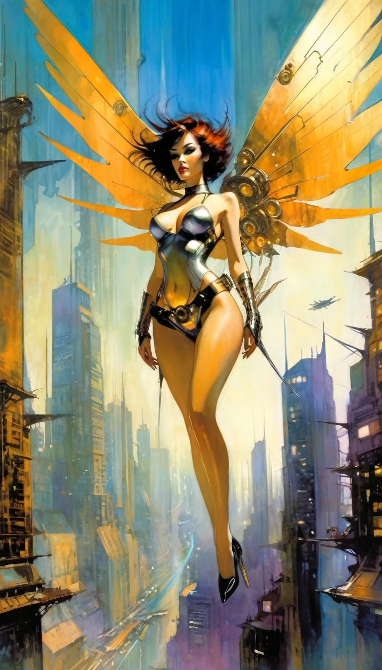 Chopped shot, a very sexy woman with metal wings, mechanical wings, flies over an impressive futuristic city.(art inspired in Bill Sienkiewicz). oil painting)
