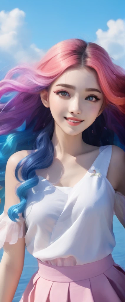A stunning portrait of a 17-year-old girl with rainbow-coloured hair, a mix of blue and pink, under a brilliant sky on a sunny summer day、A breathtaking view unfolds。Half blue and half pink、A girl with colorful, flowing hair、Standing with a captivating smile。Long curls cascading down in golden waves、Frames bright sky blue eyes。Red and black repair dress 1.Wearing a voluminous 2-meter skirt、Captivate the audience with elegance。The dress was torn in many places、It is revealed