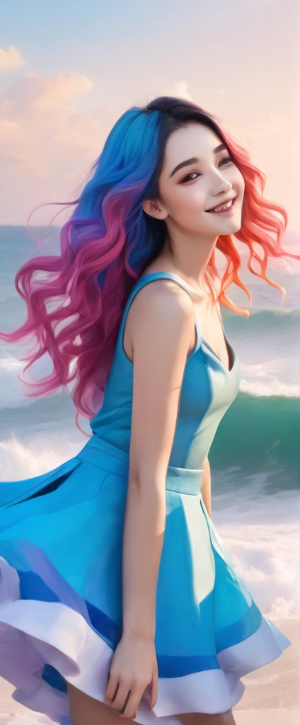 A stunning portrait of a 17-year-old girl with rainbow-coloured hair, a mix of blue and pink, under a brilliant sky on a sunny summer day、A breathtaking view unfolds。Half blue and half pink、A girl with colorful, flowing hair、Standing with a captivating smile。Long curls cascading down in golden waves、Frames bright sky blue eyes。Red and black repair dress 1.Wearing a voluminous 2-meter skirt、Captivate the audience with elegance。The dress was torn in many places、It is revealed
