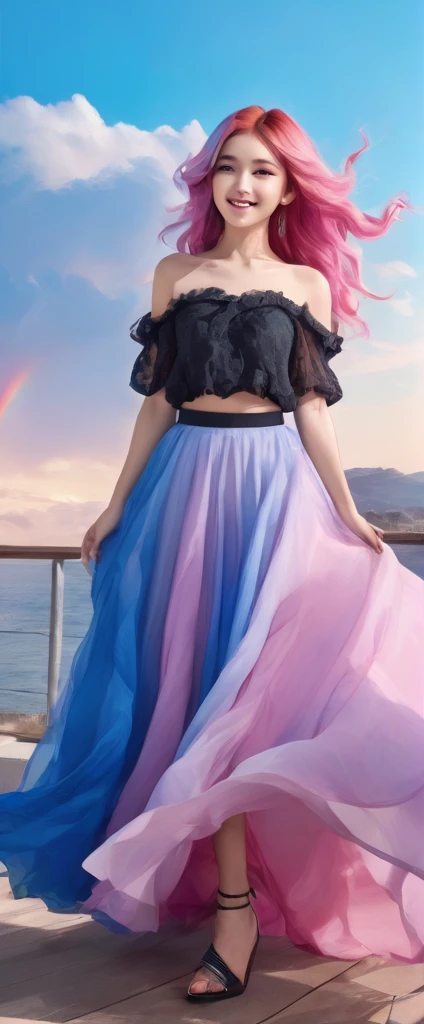 A stunning portrait of a 17-year-old girl with rainbow-coloured hair, a mix of blue and pink, under a brilliant sky on a sunny summer day、A breathtaking view unfolds。Half blue and half pink、A girl with colorful, flowing hair、Standing with a captivating smile。Long curls cascading down in golden waves、Frames bright sky blue eyes。Red and black repair dress 1.Wearing a voluminous 2-meter skirt、Captivate the audience with elegance。The dress was torn in many places、It is revealed