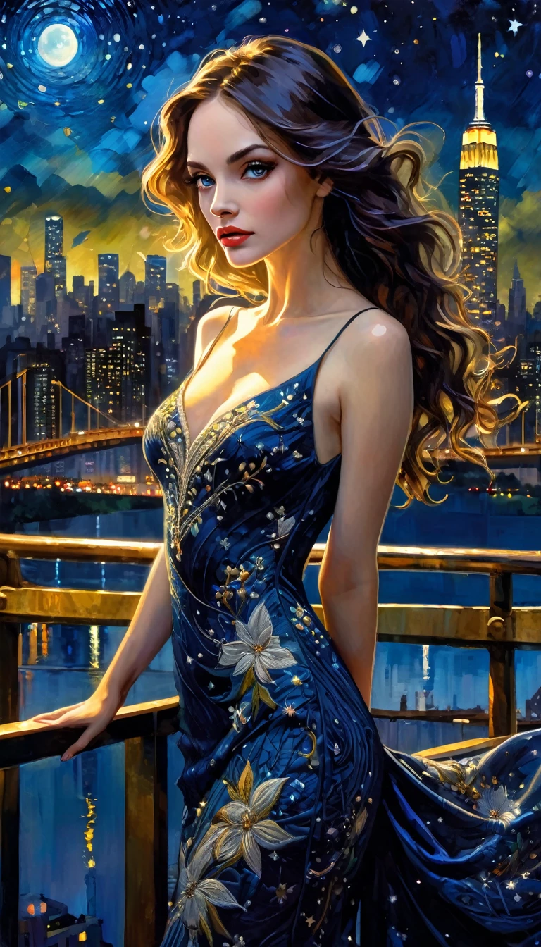 detailed portrait of a beautiful woman with long wavy hair, elegant floral embroidered dress, standing on a bridge overlooking a night city skyline with a starry sky, fantasy, dramatic lighting, photorealistic, oil painting, cinematic, highly detailed, intricate, masterpiece, (best quality,8k,highres,masterpiece:1.2),ultra-detailed,(realistic,photorealistic,photo-realistic:1.37),superb lighting,dramatic colors,cinematic composition,masterful brushwork,incredible details,seamless integration,stunning realism,ethereal atmosphere,captivating fantasy,ethereal,dramatic,cinematic portrait,painterly,chiaroscuro,dramatic lighting,glowing skin,mesmerizing eyes,lush fabrics,intricate embroidery,starry night,city skyline,moody,magical,Bill Sienkiewicz inspired