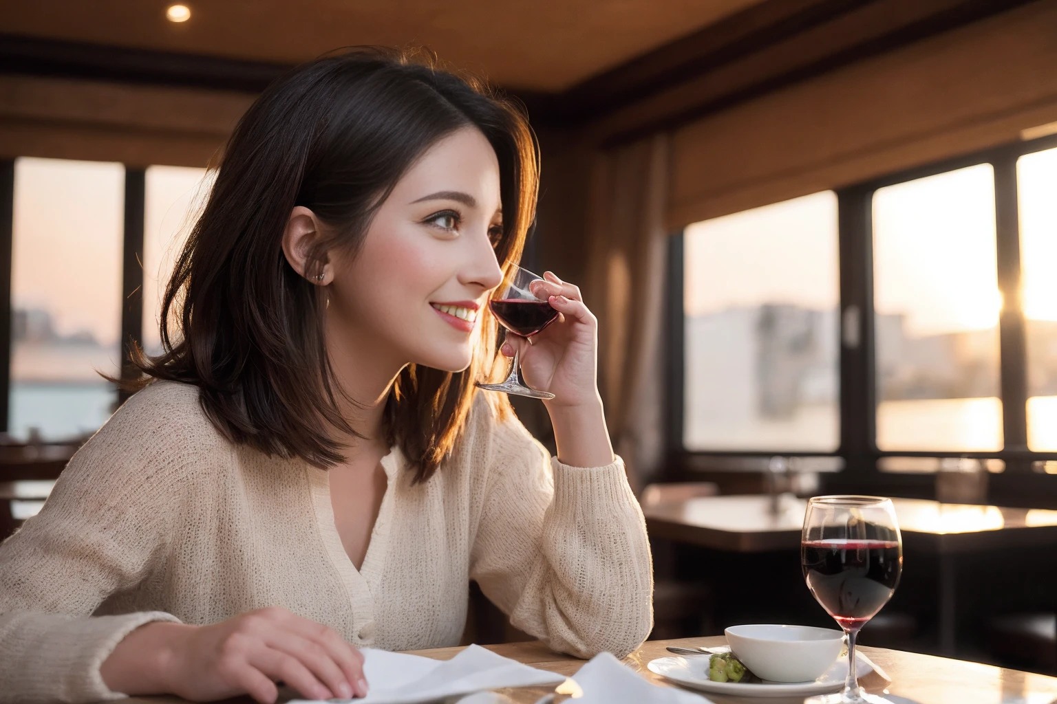 ((Highest quality、8K、masterpiece:1.3))、slimカップル、modelカップル、(Realistic, Intricate details:1.2), full-course dinner、Wine Party、Amazing view of the sunset sky and clouds、A bright smile、The wonderfulness of smile、Bright image、The beauty of wine, Beautiful Face, blue eyes, The light shines on your face, Blushing, short hair,Bright Face、 (Age 37), 39 years old, red wine 、Appetizers、Italian food、Wine bottle、Champagne、sparkling wine、Two beauties、Brown Hair、Shortcuts、Long sleeve shirt、dress、Beautiful woman 1, (slimな顔), (The body is slim), (Brown Hair), (Shortcuts), cheeks turn a little red,Attractive beauty、restaurant, In a prominent place (From the waist up) Nova Frog Style, actress, model, Upper Body, White wine, slim, wine glass, 中央に置かれたwine glass, smile, (smile: 1.15), Beautiful fine grain, Depth f/2,saturation, High Contrast, Strong light and shadow,Moist Body:1.5、3D texture、Delicate eyes、Brown Hair、The hair is very shiny、