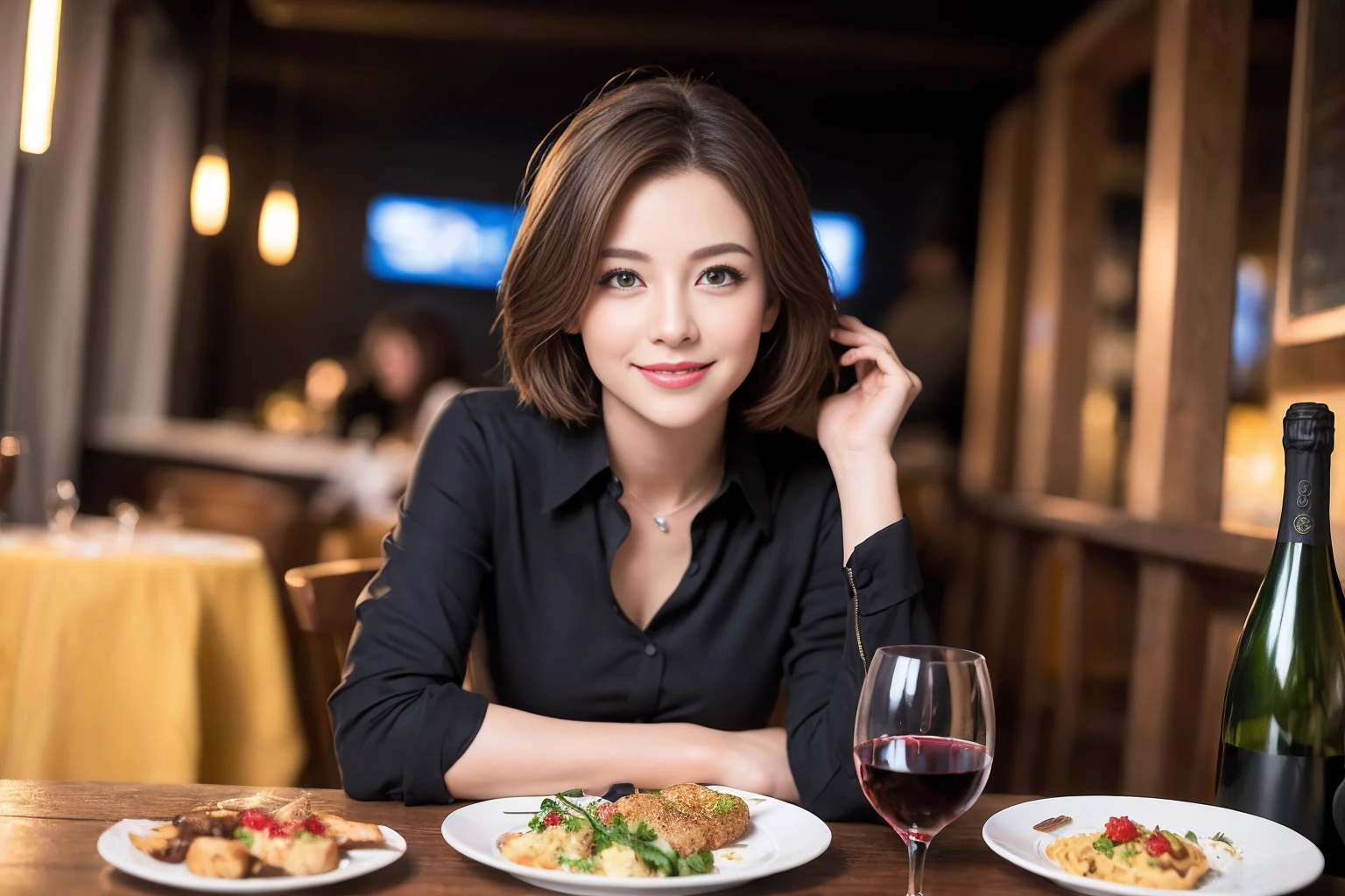 ((Highest quality、8K、masterpiece:1.3))、slimカップル、modelカップル、(Realistic, Intricate details:1.2), full-course dinner、Wine Party、Amazing view of the sunset sky and clouds、A bright smile、The wonderfulness of smile、Bright image、The beauty of wine, Beautiful Face, blue eyes, The light shines on your face, Blushing, short hair,Bright Face、 (Age 37), 39 years old, red wine 、Appetizers、Italian food、Wine bottle、Champagne、sparkling wine、Two beauties、Brown Hair、Shortcuts、Long sleeve shirt、dress、Beautiful woman 1, (slimな顔), (The body is slim), (Brown Hair), (Shortcuts), cheeks turn a little red,Attractive beauty、restaurant, In a prominent place (From the waist up) Nova Frog Style, actress, model, Upper Body, White wine, slim, wine glass, 中央に置かれたwine glass, smile, (smile: 1.15), Beautiful fine grain, Depth f/2,saturation, High Contrast, Strong light and shadow,Moist Body:1.5、3D texture、Delicate eyes、Brown Hair、The hair is very shiny、
