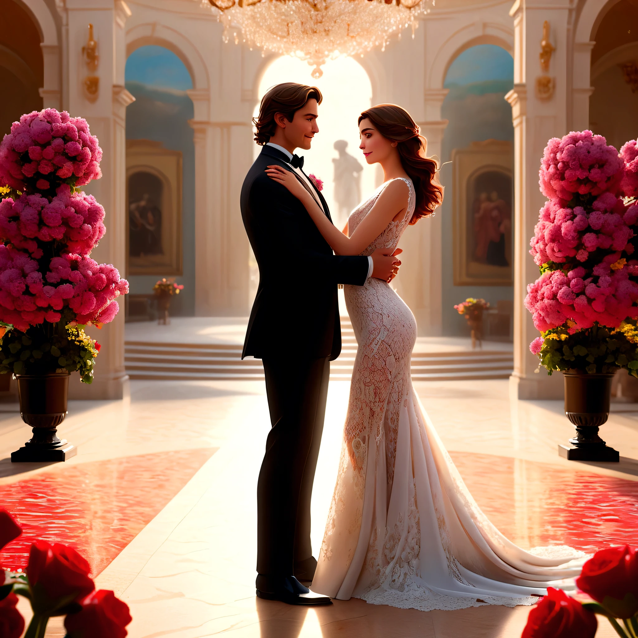 (ultra detailed, Best quality, A high resolution), whole body, dynamic angle,Smooth and dynamic,Cinematic,woman and man standing in the middle of a beautiful place for a date, (masterpiece:1.4), An elaborate outfit, woman in long dress with lace details, man in tuxedo, custom made, their faces express joy and love, background decorated with bright flowers and romantic decorations, (A high resolution:1.4), The woman's shiny skin and the man's formal attire create a striking contrast.., atmosphere, filled with happiness and the promise of a lifetime of dedication. (BREAK) intimate moment, couple exchanges loving glances, Hands and arms carefully