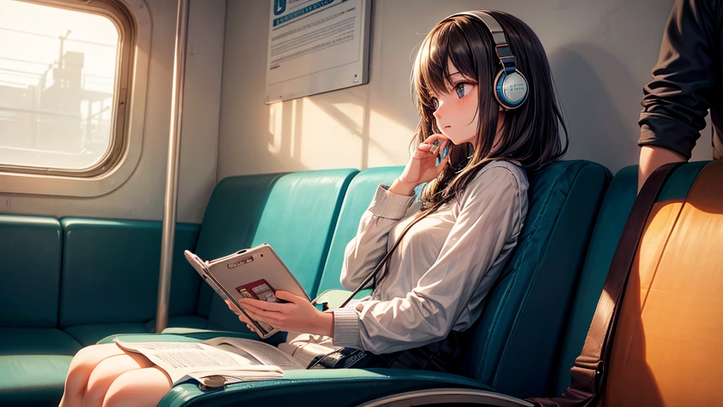 The train is moving，A girl sitting quietly，Wearing headphones，The face is illuminated by the soft light of the phone，Total immersion in the music