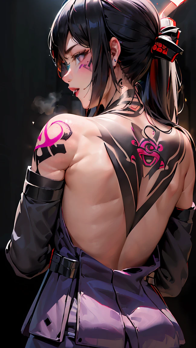 ((Seductive Ninja Woman:1.6))、(Long black hair、Purple Eyes)、((tight black and red ninja outfit、Exposed shoulders and back、Ninja Tool Pouch、Glamorous figure))、Confident expression、Fighting pose with kunai、Moonlit night view of Konohagakure Village、Realistic anime style, ((Glowing tattoo on the back:1.8)), Steam around the body