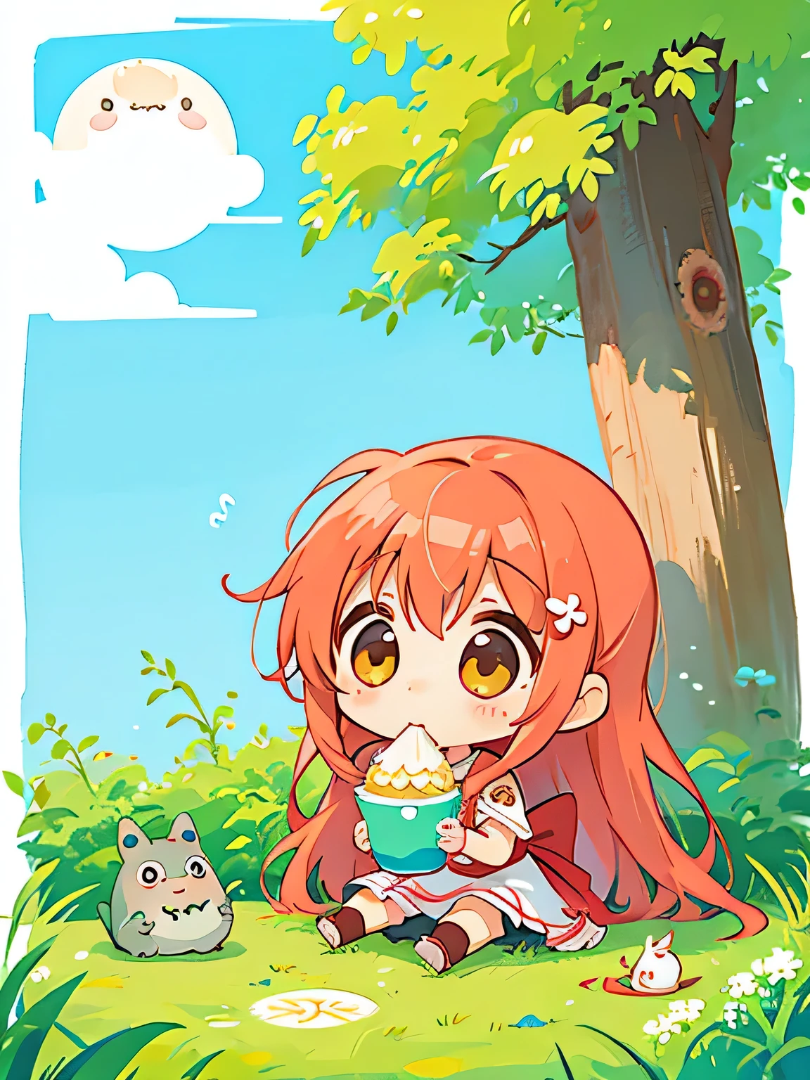 Hayao Mayazaki style, Kawaii Design, The most beautiful girl of all time、Chibi, eating, summer, (((アイスクリーム))), totoro,