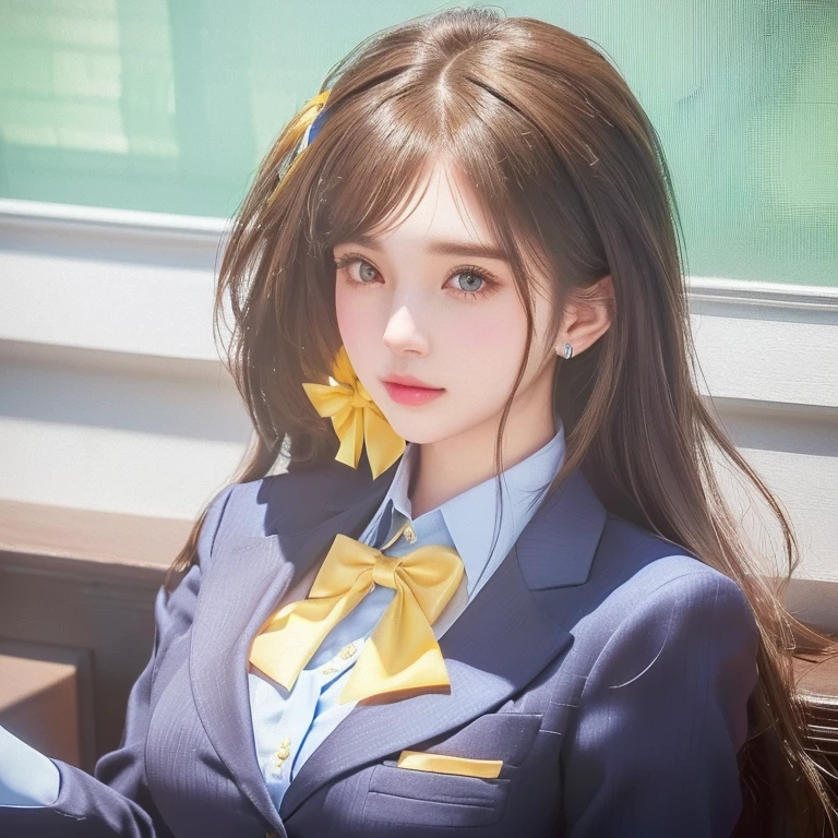 Beautiful girl with long brown hair wearing a blue suit and yellow bow tie, a hyperrealistic , from girls frontline, hyperrealistic , fine details. girls frontline, realistic , kawaii realistic, girls frontline style, beautiful high school girl, girls frontline cg, jk uniform