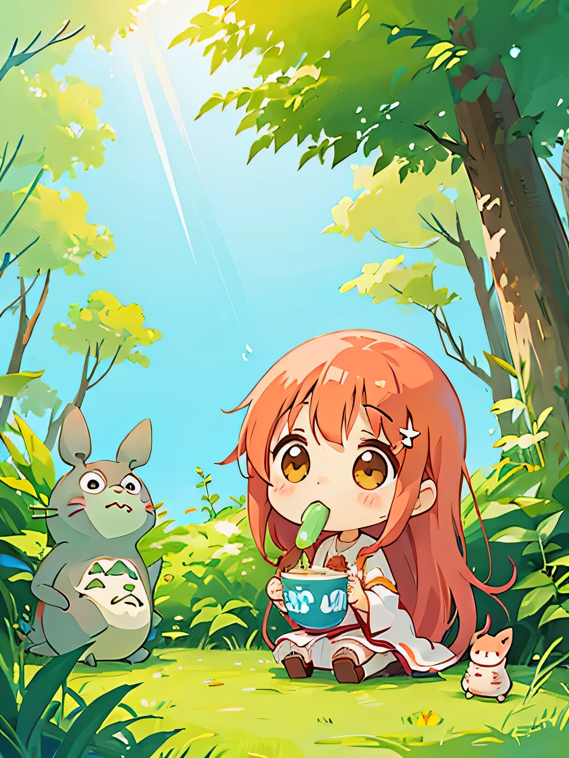 Hayao Mayazaki style, Kawaii Design, The most beautiful girl of all time、Chibi, eating, summer,  (((アイスクリーム))), totoro, 