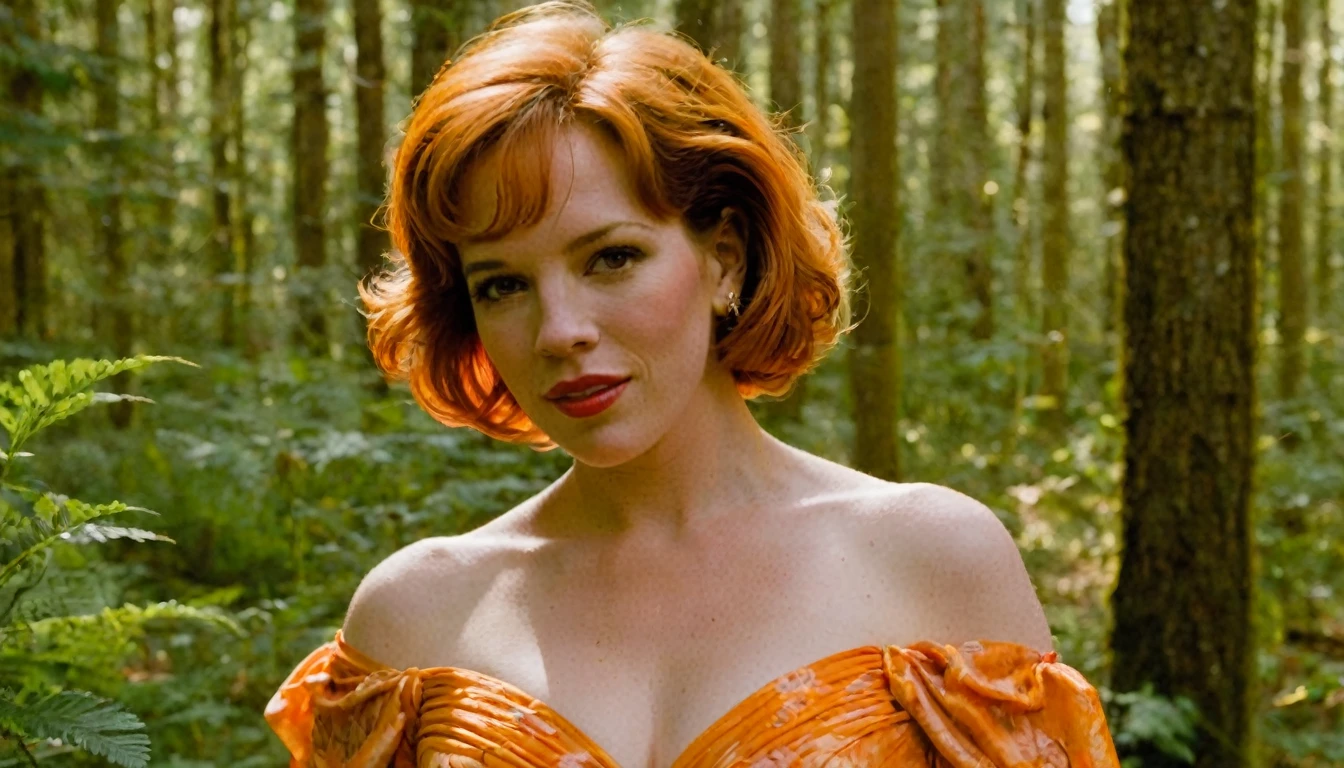 guapo girl "Molly Ringwald", Robe complète du corps Robe en soie orange délicate et belle,Details,realistically,photographie hyper réaliste,8k uh,digital reflex camera,The sun shines in the forest ,High quality,Grains de film,Les fleurs sauvages sont magnifiques,The morning sun overlaps,guapo