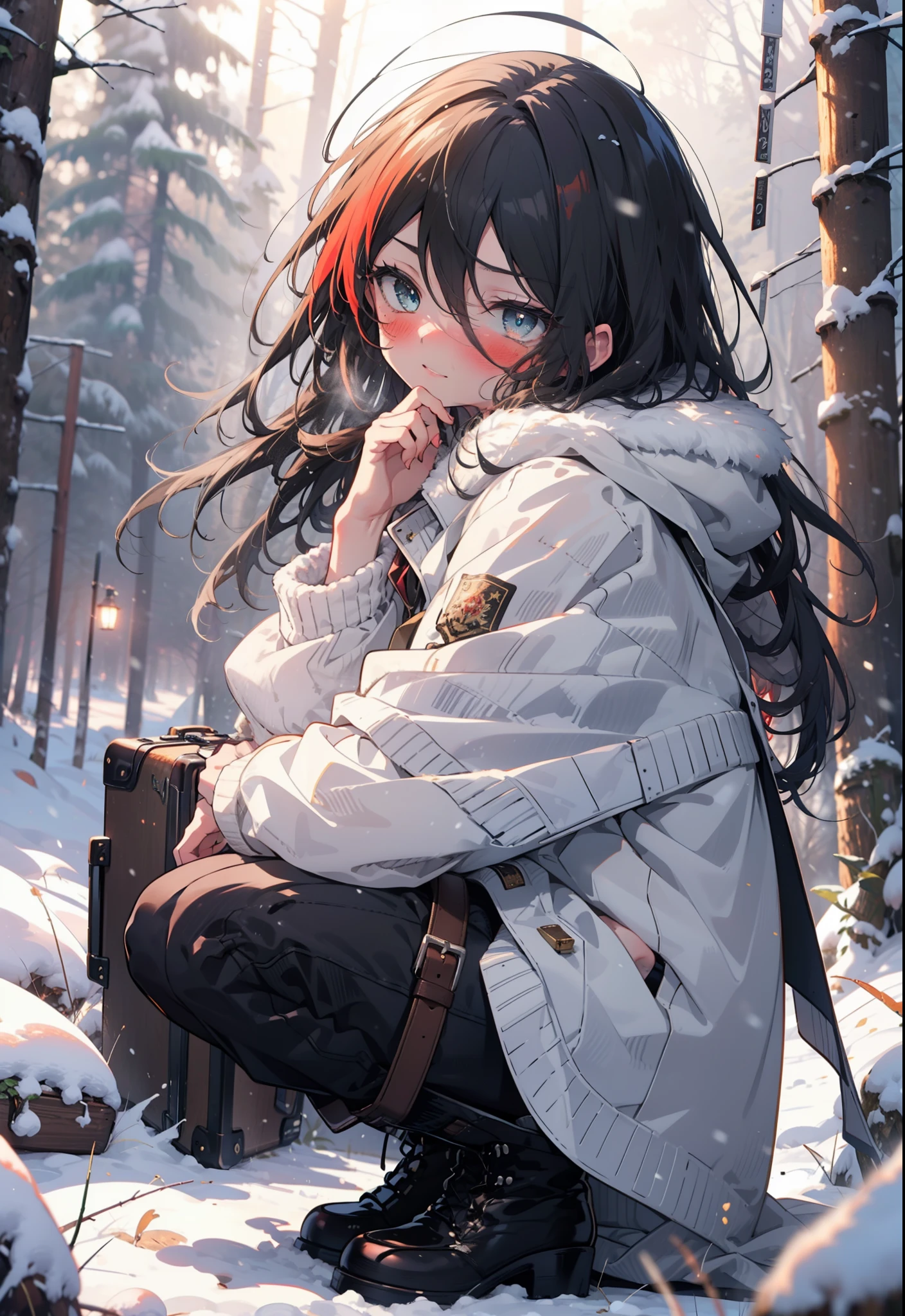 Shana,灼眼のShana,Long Hair, Redhead, Red eyes,Ahoge,,smile,blush,White Breath,
Open your mouth,snow,Ground bonfire, Outdoor, boots, snowing, From the side, wood, suitcase, Cape, Blurred, , forest, White handbag, nature,  Squat, Mouth closed, Cape, winter, Written boundary depth, Black shoes, red Cape break looking at viewer, Upper Body, whole body, break Outdoor, forest, nature, break (masterpiece:1.2), Highest quality, High resolution, unity 8k wallpaper, (shape:0.8), (Beautiful and beautiful eyes:1.6), Highly detailed face, Perfect lighting, Extremely detailed CG, (Perfect hands, Perfect Anatomy),