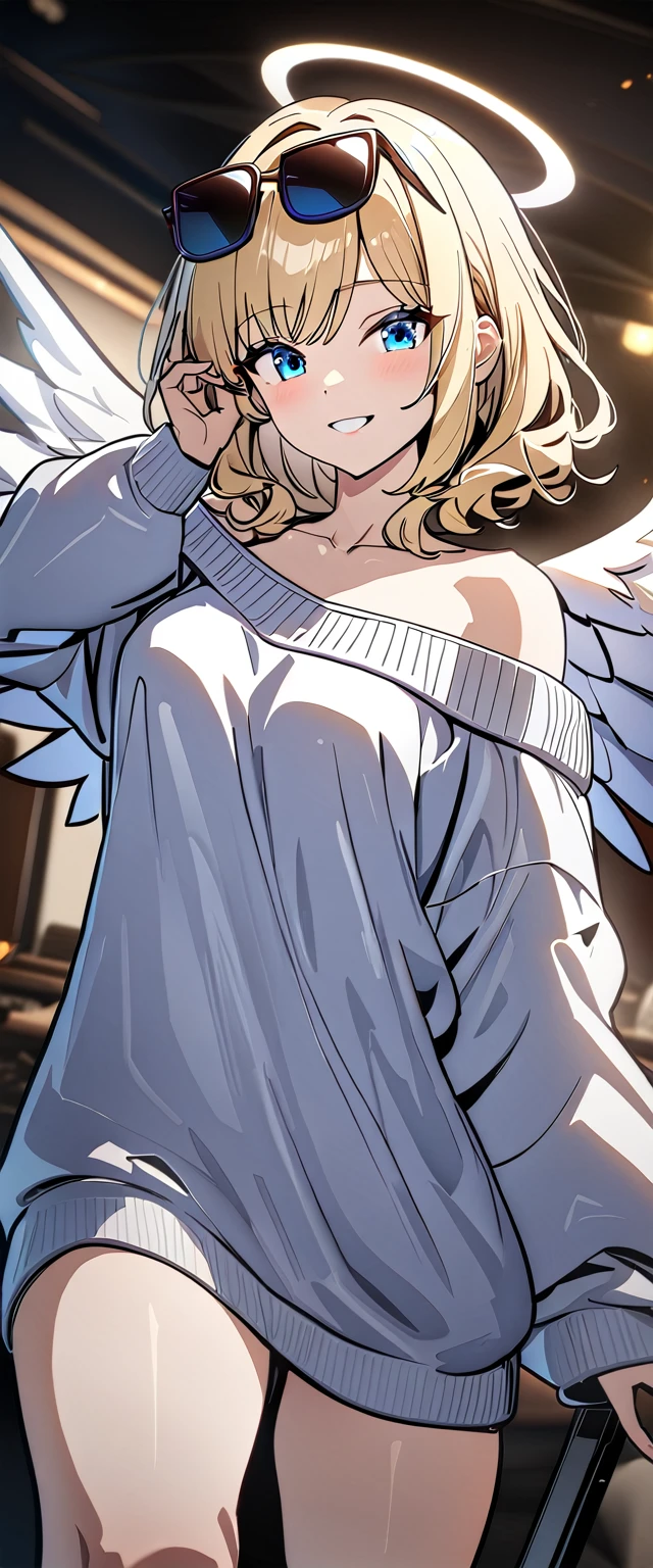 ((angel, big big white wings:1.3, halo:1.3)), ((from below)), (((sunglasses, hand to sunglasses))), (((cowboy shot))), archangel Uriel, ((wavy hair, inward curled hair)), evening, Sunset, ((blond hair, bob cut:1.3)), breasts, ager, (looking at viewer), oversized clothes, puffy long sleeves, ((off-shoulder sweater:1.3, Quite thick shoulder straps)), ((white sweater)), collarbone, head tilt:1.3, (((blue eyes))), ((happy smile)), (((anime style))), (best quality, 4K, 8K, highres, masterpiece:1.2, ultra-detailed, ultra-detailed eyes, HDR, uhd, studio lighting, ultra-fine painting, sharp focus, physically-based rendering, extreme detail description, professional, vivid colors, bokeh)