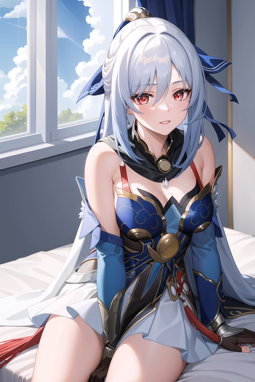 masterpiece, best quality, JingliuV5, 1girl, solo, looking at viewer, red eyes, gloves, dress, white scarf, sailor collar, white cape, sitting on bed, indoors, bedroom, windows, blue sky,