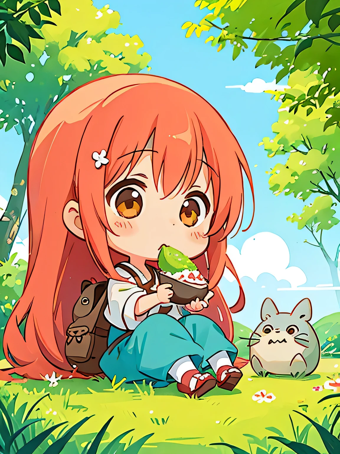 Hayao Mayazaki style, Kawaii Design, The most beautiful girl of all time、Chibi, eating, summer, (((アイスクリーム))), totoro,