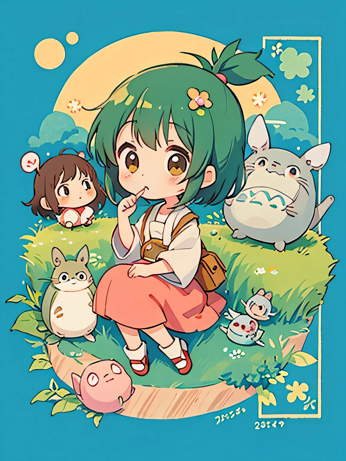 Hayao Mayazaki style, Kawaii Design, The most beautiful girl of all time、chibi, buzzer, Totoro&#39;s House, (((wind chimes)))