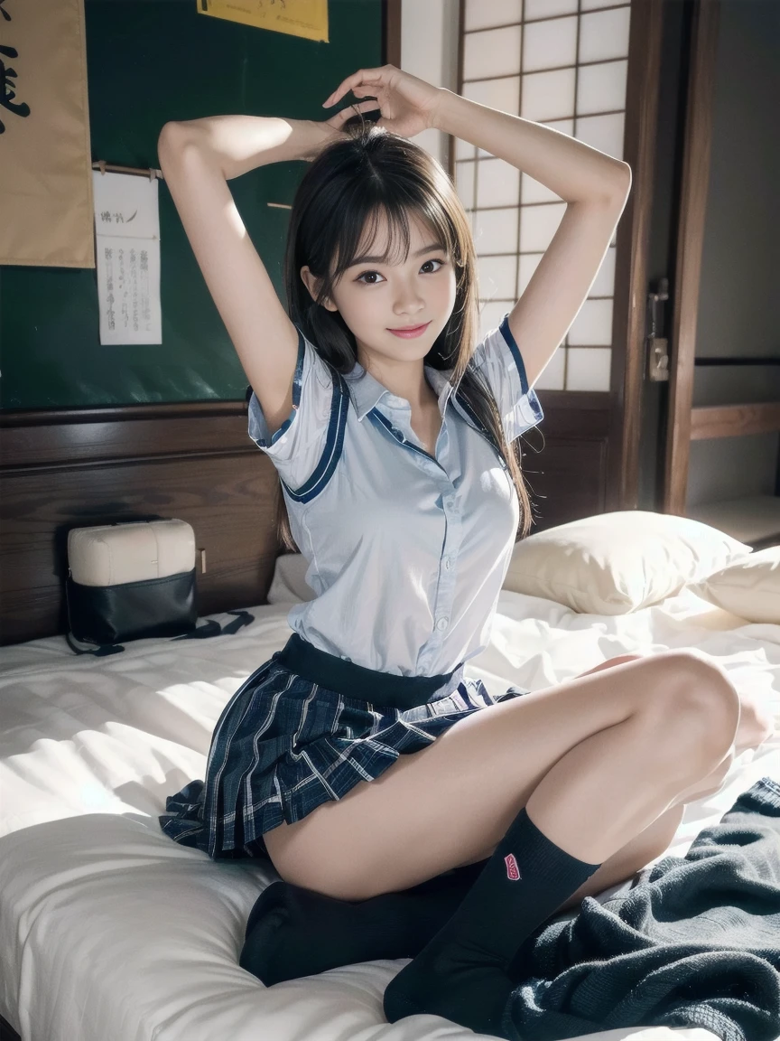 Japanese women, (smile:1.05),Browsing Caution、8K,Highest quality, masterpiece, Very detailed, 超High resolution, Realistic, RAW Photos, , Absolute Resolution, Complete limbs、Complete Anatomy、Perfect beautiful skin、cute女の子1人,cute女の子 、、(smile:1.2)、ta Girl、(school uniform:1.3)、(Sleeveless shirt:1.1)、 ((When you raise your hands above your head, you can see your armpits.))、、Micro Mini Skirt、、Accentuate your thighs、cute女の子、 , Realistic young gravure idol, Japanese Girls、、by 2 person、(bedroom:1.2)、Mix 4, (16K, Raw photo, Best image quality, masterpiece: 1.45), (Realisticな, Photorealistic: 1.37), Two Girls, cute, Professional Lighting, Photon Mapping, bedroom, Physically Based Rendering, Dark brown long bob hair,Beautiful, well-groomed eyes、double eyelid、With a girl, (((Sleeveless shirts worn by Japanese high school girls、Checkered mini skirt,、Dark blue socks、Black Loafers))), Highest qualityの写真, High resolution, 1080P, (Clear Face), (Detailed face description), (Detailed hand description), (masterpiece), masterpiece、Rich details、(Beautiful Faces)、(Highest qualityの写真)、(Detailed eyes)、 in front of you、Thin clavicle、((Slim and large))、(((Japan wears short-sleeved shirts)))、((Pure Idol))、((明るいbedroom))、(Shot from random perspectives)、(((とにかくcute)))、smile、Drawing the whole body from the knees、 nasolabial folds、(Large firm breasts:1.2)、Firm big ass、Two arms and two legs、(((from the front:0.4)))、bare hands、Symmetrical eyes、