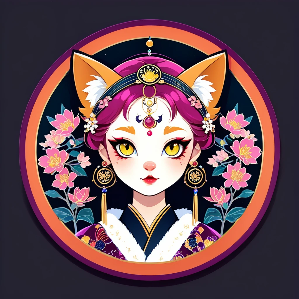 round frame, round circle, circular, create a Japanese circular seal kamon (very colorful with contrast) in the size of the picture on a white background, an indigo-gold art deco circle a floral art deco pattern in the middle the upper body picture of a stunning cat girl (long magenta hair,yellow cat eyes)with a beautifully designed clothing with georgeous patterns and flower hanfu headpiece. she is posing in front of plain graphic japanese background inside the round frame. cat ear, vampy fang,cateyes, pink cherry blossoms