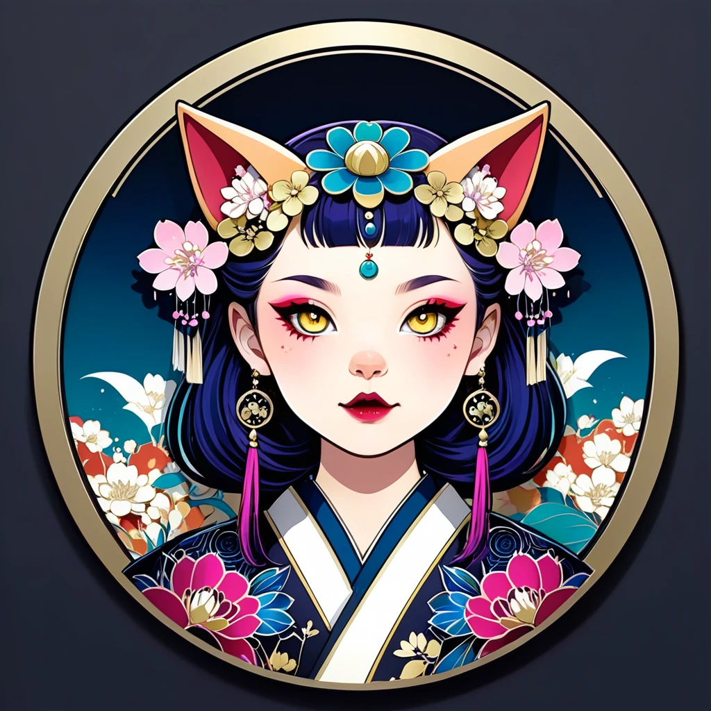 round frame, round circle, circular, create a Japanese circular seal kamon (very colorful with contrast) in the size of the picture on a white background, an indigo-gold art deco circle a floral art deco pattern in the middle the upper body picture of a stunning cat girl (long magenta hair,yellow cat eyes)with a beautifully designed clothing with georgeous patterns and flower hanfu headpiece. she is posing in front of plain graphic japanese background inside the round frame. cat ear, vampy fang,cateyes, pink cherry blossoms