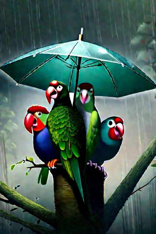 Create a realistic image of two cute parrots holding a beautiful, transparent umbrella. The umbrella has a central stick with one parrot perched in the middle and another parrot at the bottom end of the stick. The umbrella covers both parrots, with raindrops falling on it. The background features a lush green forest with dense foliage and a misty atmosphere."