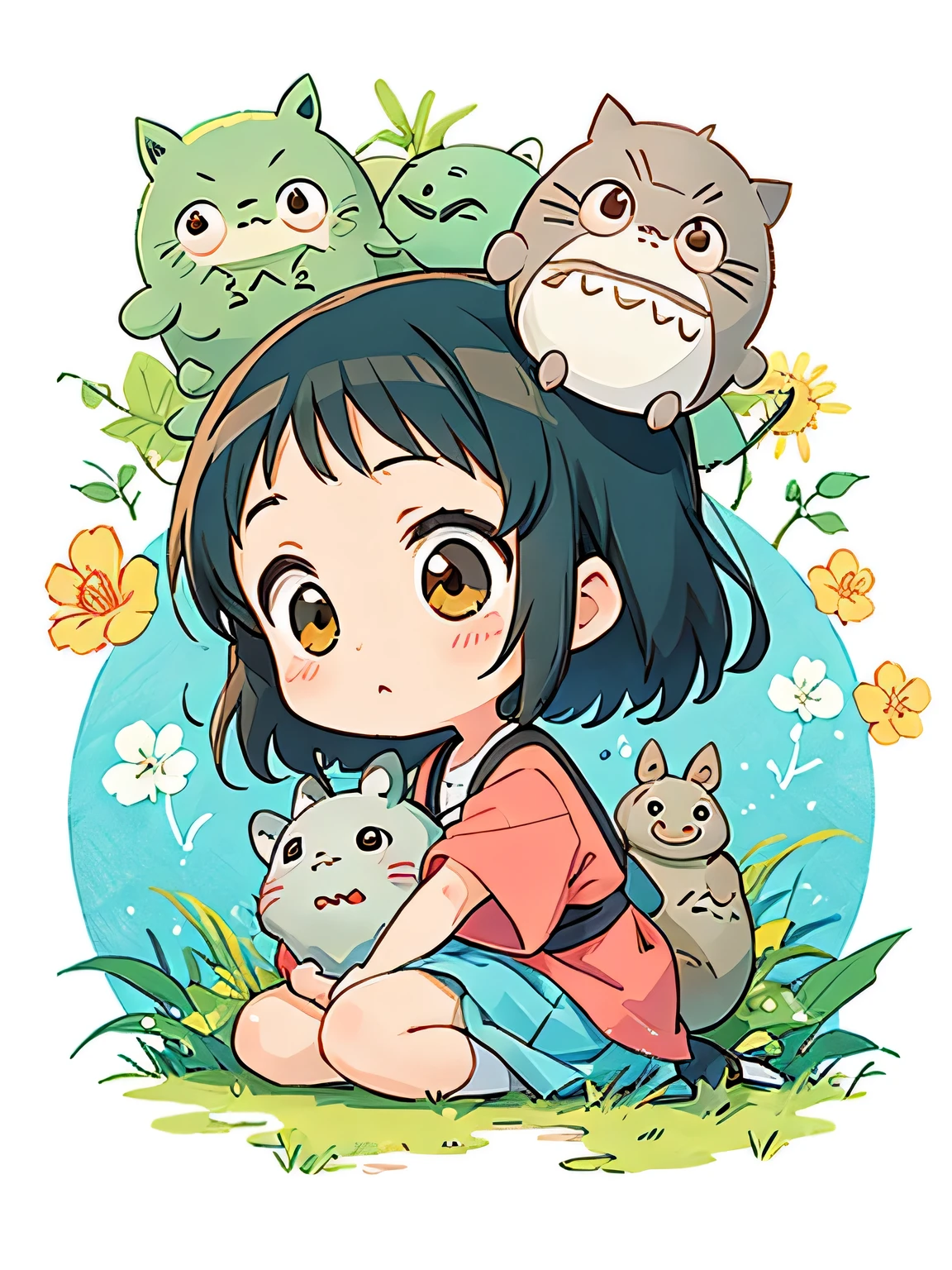 Hayao Mayazaki style, Kawaii Design, The most beautiful girl of all time、chibi, buzzer, Totoro's House, (((wind chimes)))
