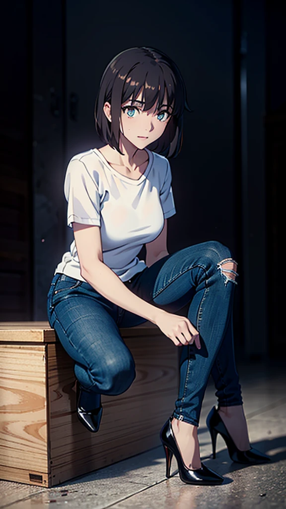 masterpiece, best quality, 8K, UHD, ultra detailed, ,sexy pose, full body ,beatiful eyes, beatiful hair, wearing black thight jeans , wearing a tight white box t-shirt, wearing high heels, sexy leg, sexy