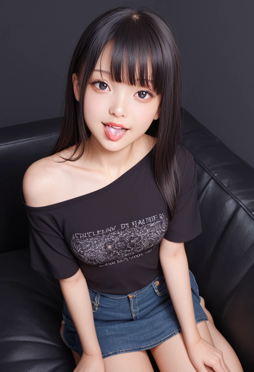 ollarbone,black t-shirt,off-shoulder look,bare shoulder,Denim mini skirt,open mouth,tongue out,cum on tongue,Black sofa,Kneeling,looking ahead,from above,flont view,face focus,(1girl,Beautiful  girl),((Slender,Small breasts,Small face,)),looking at viewer,Black Hair,bangs,straight,Beautiful and detailed,Mischievous smile,Dimly lit room,Simple Background,Black background,Low lighting
