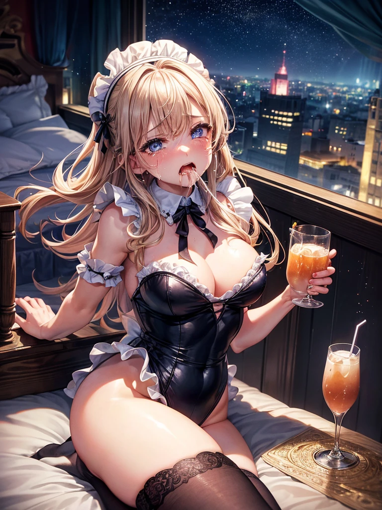 Highest quality,Highest Resolution,A crying beauty in a maid leotard,Tears,(((Open your mouth wide and spit a lot))),Drink a drink,Bedroom,Night view outside the window,Super High Leg,Tback,whole body,Very beautiful eyes,Sweating profusely,Knee-high stockings,