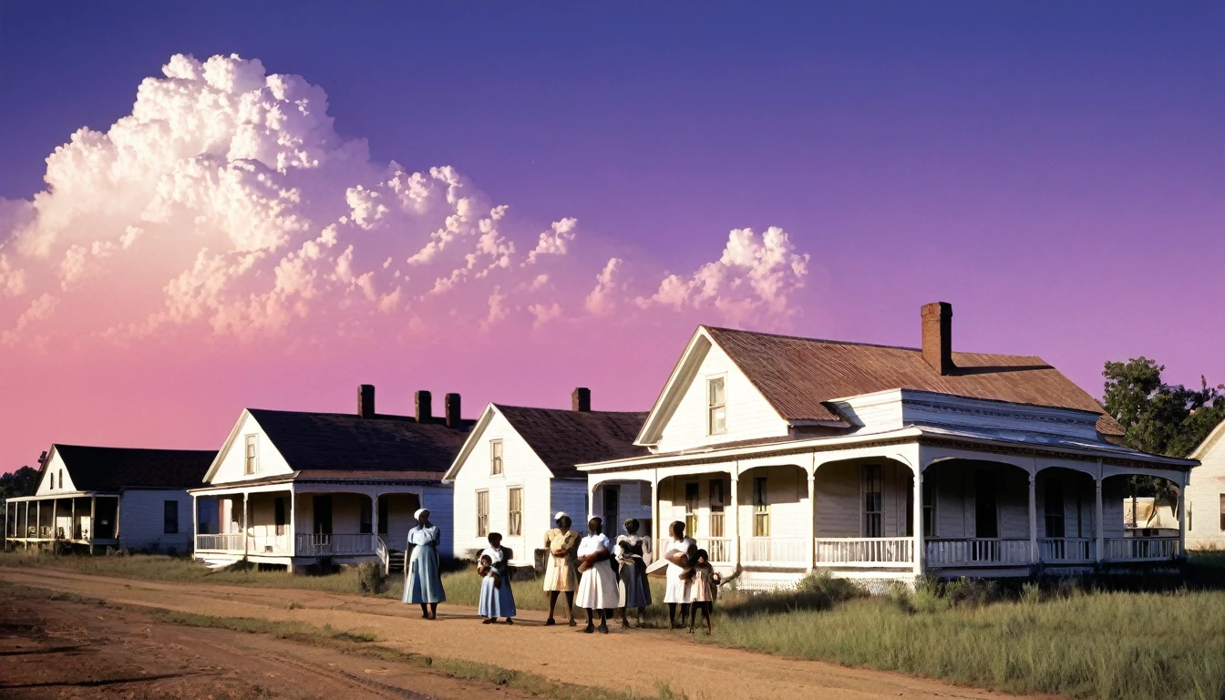 A vibrant town called Meridian in the 1930s with a black midwife holding a newborn baby, Jessie, under southern skies. Three black sisters and a black brother standing nearby.