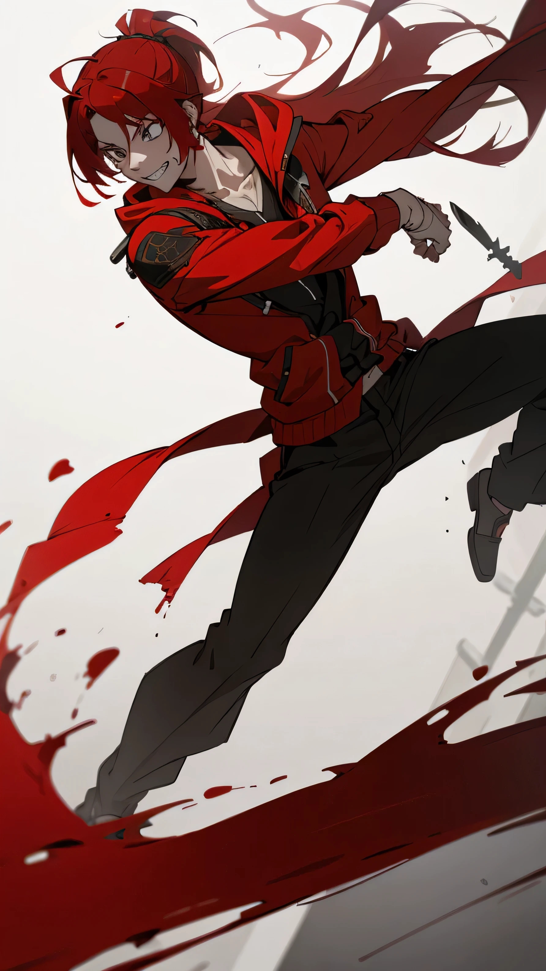 boy, red hair tied in a ponytail, reflective white eyes, holding a dagger, q shaped dagger, bloodied clothes, battle grin, modern clothing, hoodie, wounded.