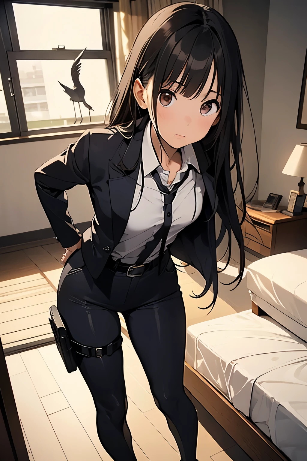 1 female, , high quality, masterpiece, Ultra-high resolution, , Cinema Lighting, , , And the suspenders with the cranes flying　　　Moderate breasts　 　 　　　　Small face　 　　　holster　　　　　　　 Lying in bed　Looking up　　　　Sweat 　　　belt　summer　脇Sweat 　Black Hole Gloves　suit　shirt　　Black jacket　 Black trousers　Leg Links　ズボンにbelt　　holster　 　　Hands behind your back　 Anxious expression　Looking up　Anxious face 