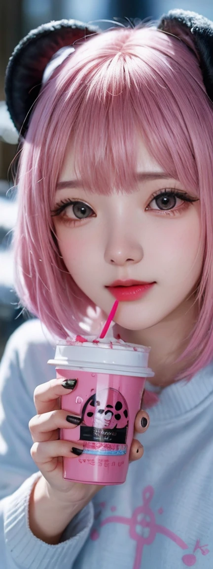 Pink Hair　Horns growing out of his head　In the snow　Bobcut　Eating yogurt　Devil-chan　