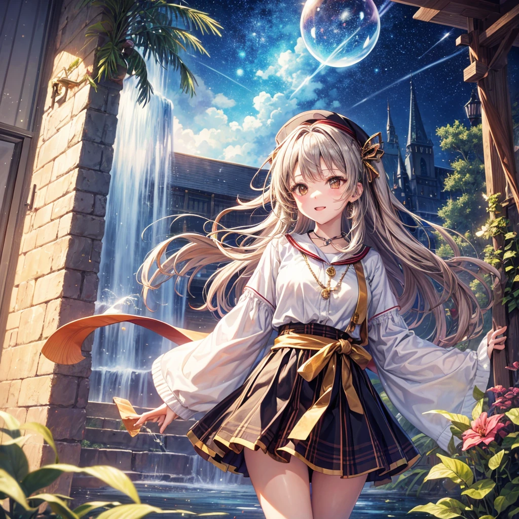 Red, brown, gold, gold hair、Golden Eyes、Hair tied up、One good looking girl、solo、anime、Checkered mini skirt、Ruffles on the skirt、Checked dress、blouse、school uniform、Black knee-high socks、Wearing a baseball cap、Ribbon、Ribbon on waist、Teeth are visible、Silver coin necklace、From above、Cobblestones、waterfall、Starry Sky、Midnight Moon、suspension bridge、Soap bubbles are flying、beam、ripple、Rocks floating in water、Standing still、Eight Towers、Palm Tree、Transparent、Dragon flying