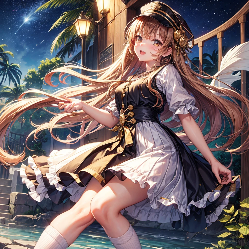 Red, brown, gold, gold hair、Golden Eyes、Hair tied up、One good looking girl、solo、anime、Checkered mini skirt、Ruffles on the skirt、Checked dress、blouse、school uniform、Black knee-high socks、Wearing a baseball cap、Ribbon、Ribbon on waist、Teeth are visible、Silver coin necklace、From above、Cobblestones、waterfall、Starry Sky、Midnight Moon、suspension bridge、Soap bubbles are flying、beam、ripple、Rocks floating in water、Standing still、Eight Towers、Palm Tree、Transparent、Dragon flying