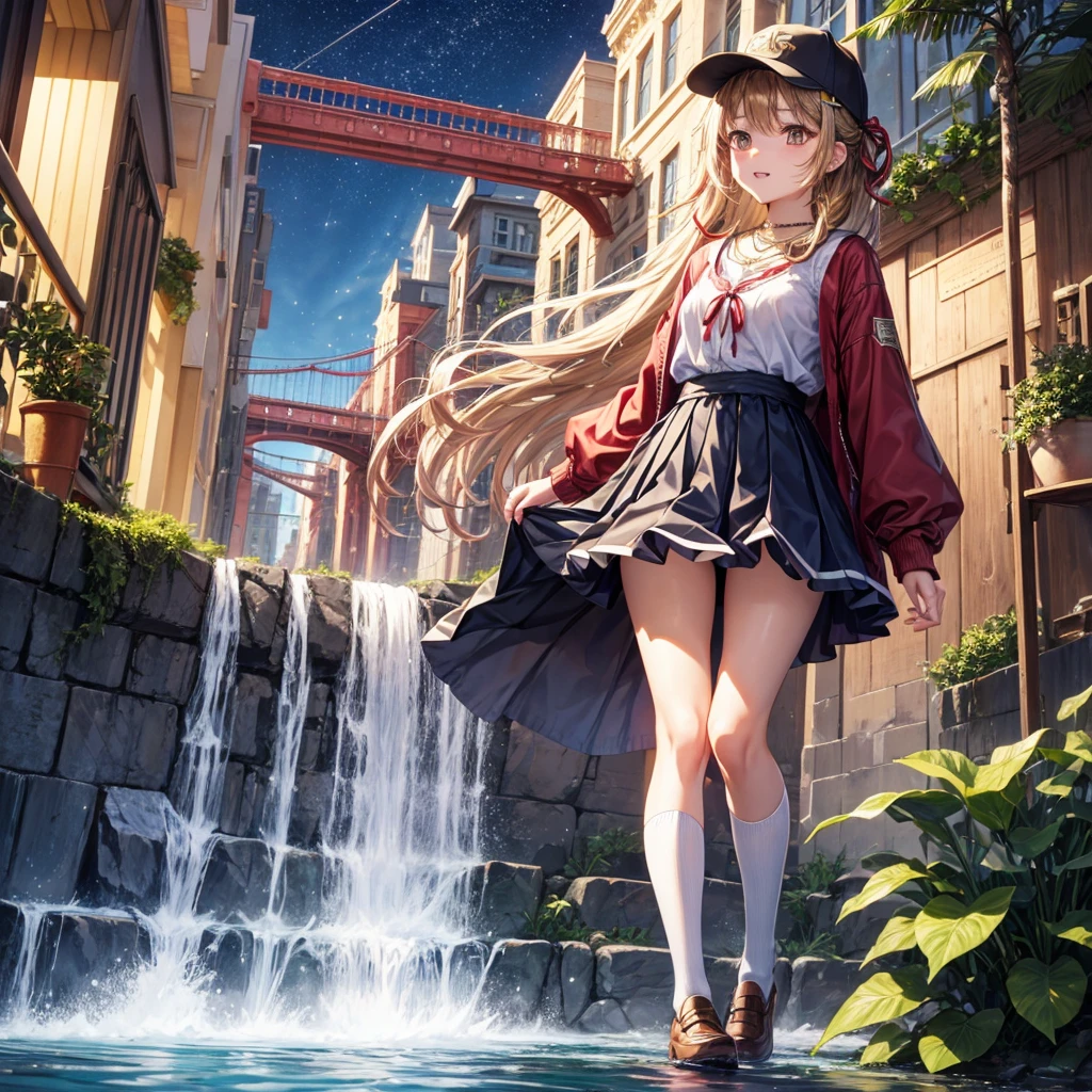 Red, brown, gold, gold hair、Golden Eyes、Hair tied up、One good looking girl、solo、anime、Checkered mini skirt、Ruffles on the skirt、Checked dress、blouse、school uniform、Black knee-high socks、Wearing a baseball cap、Ribbon、Ribbon on waist、Teeth are visible、Silver coin necklace、From above、Cobblestones、waterfall、Starry Sky、Midnight Moon、suspension bridge、Soap bubbles are flying、beam、ripple、Rocks floating in water、Standing still、Eight Towers、Palm Tree、Transparent、Dragon flying