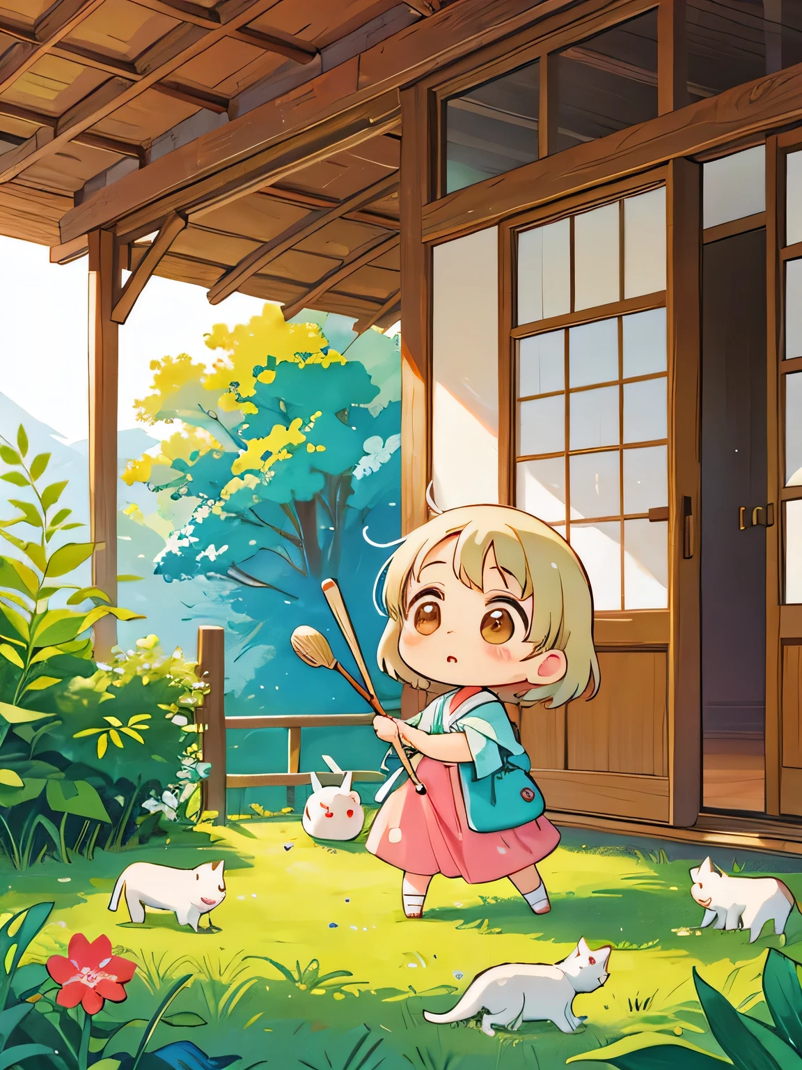 Hayao Mayazaki style, Kawaii Design, The most beautiful girl of all time、chibi, buzzer, Country house, Stretch,