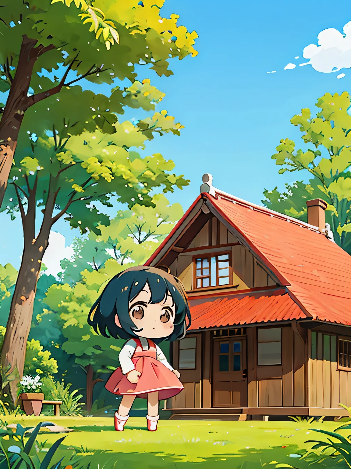 Hayao Mayazaki style, Kawaii Design, The most beautiful girl of all time、chibi, buzzer, Country house, Stretch,