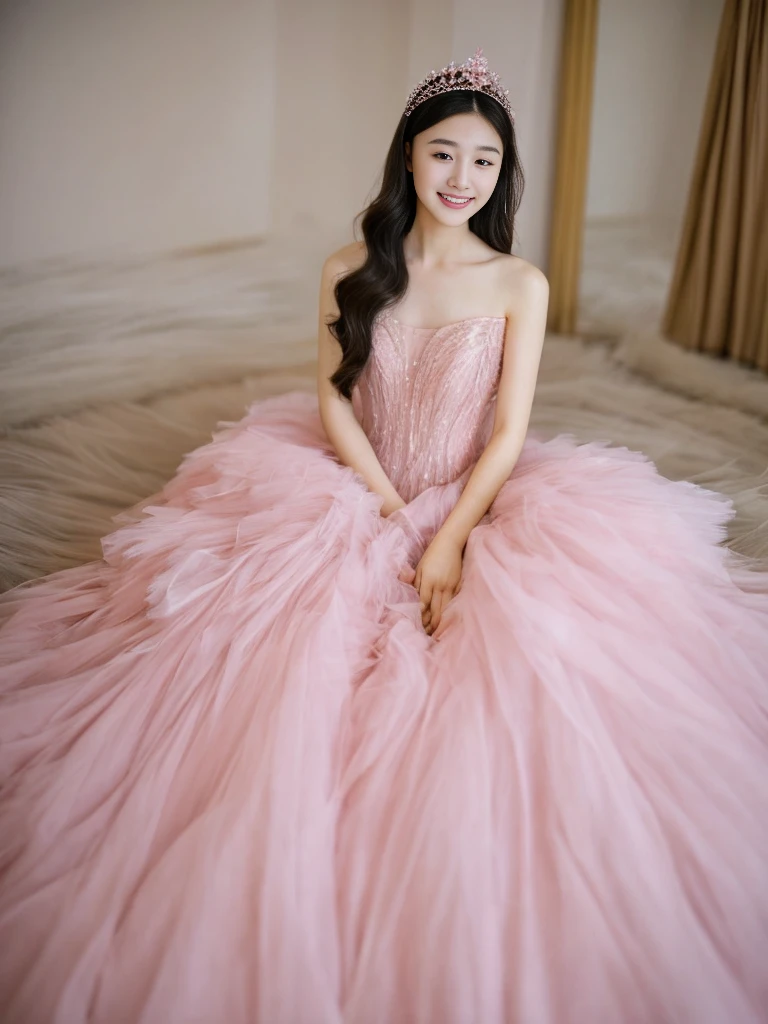 Woman, smiling, tiara, pink tulle dress, holding feather, soft focus, pastel colors, bright lighting, youthful, Asian ethnicity, indoors, sitting, ethereal, femininity, portrait, beauty, happy expression, elegance, gauzy fabric, dreamy atmosphere, light makeup, long hair., masterpiece,best quality,ultra-detailed,
